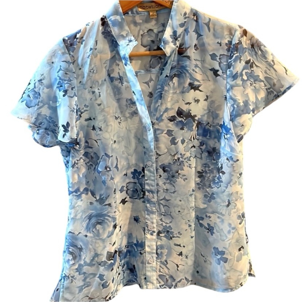 Notations Sheer Button Down Top Floral Collared Blouse Size M